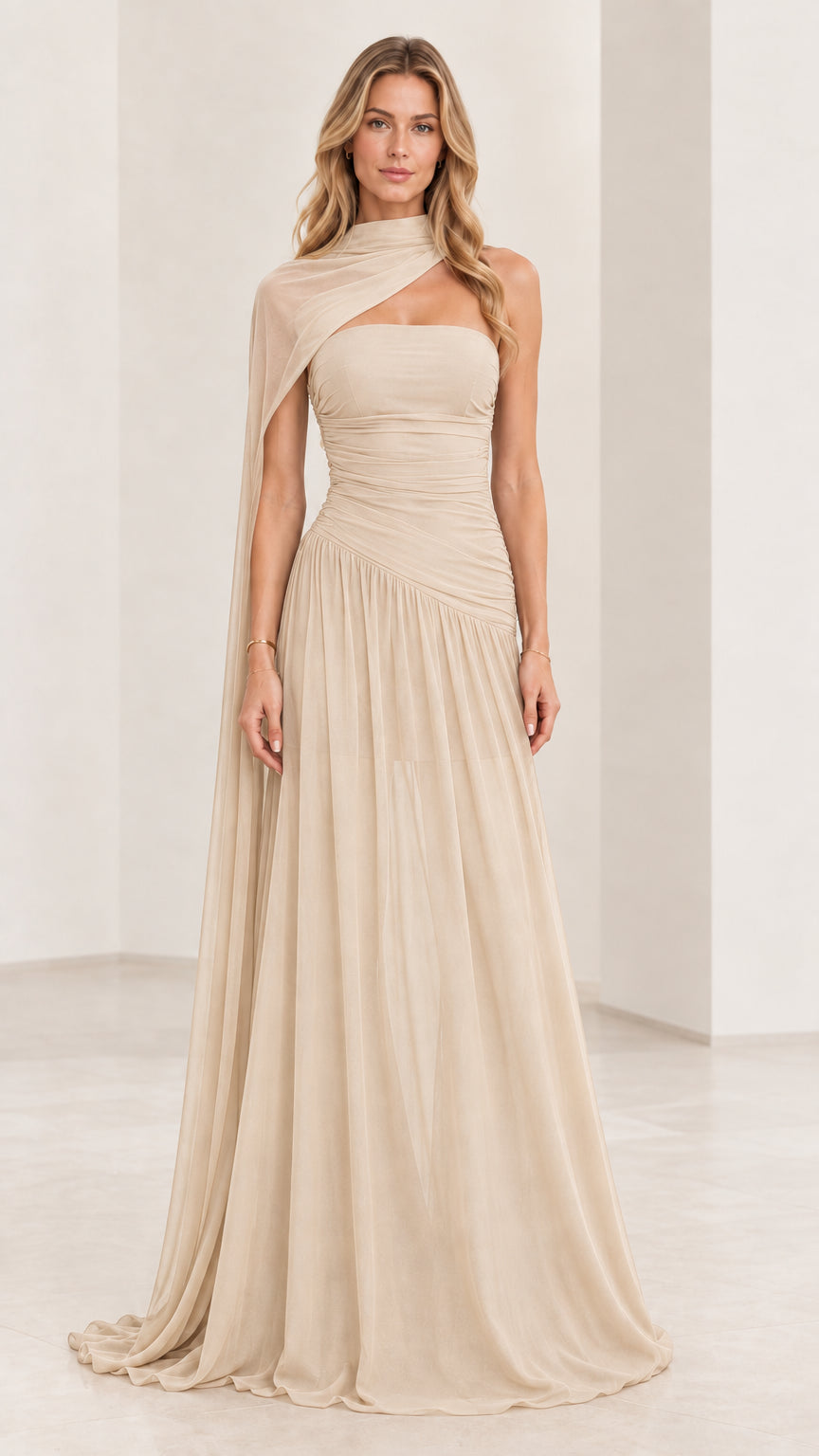 Champagne beige strapless ruched chiffon evening dress with draped cape