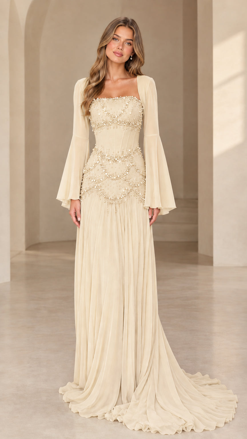 Champagne cream evening gown with embellished corset and bell sleeves