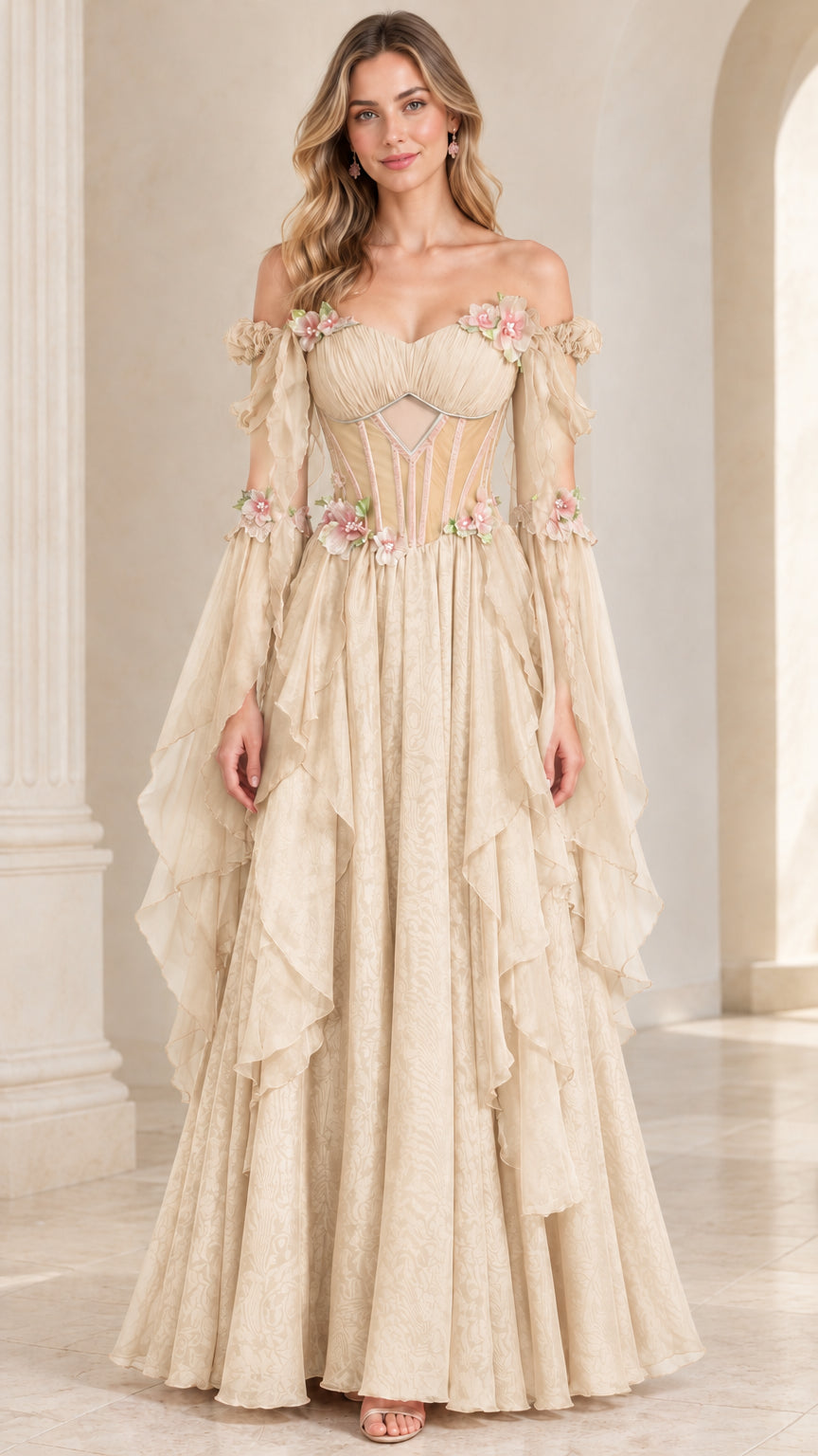 Front view of champagne beige off-the-shoulder corset evening gown with tiered ruffles