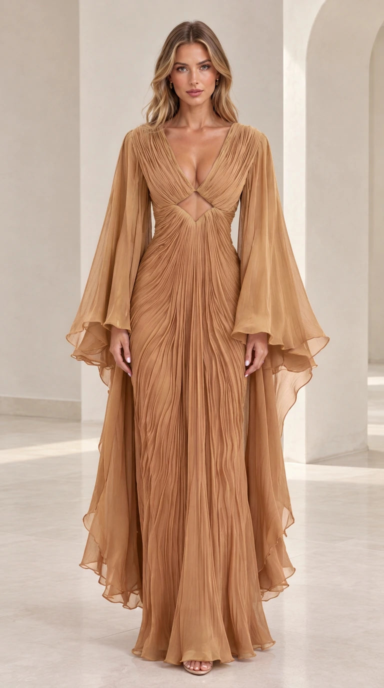 Front view of model wearing camel brown pleated cutout evening maxi gown