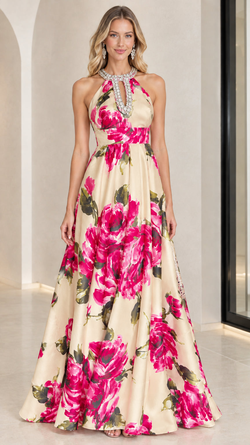 Full-length view of champagne beige floral print halter formal dress