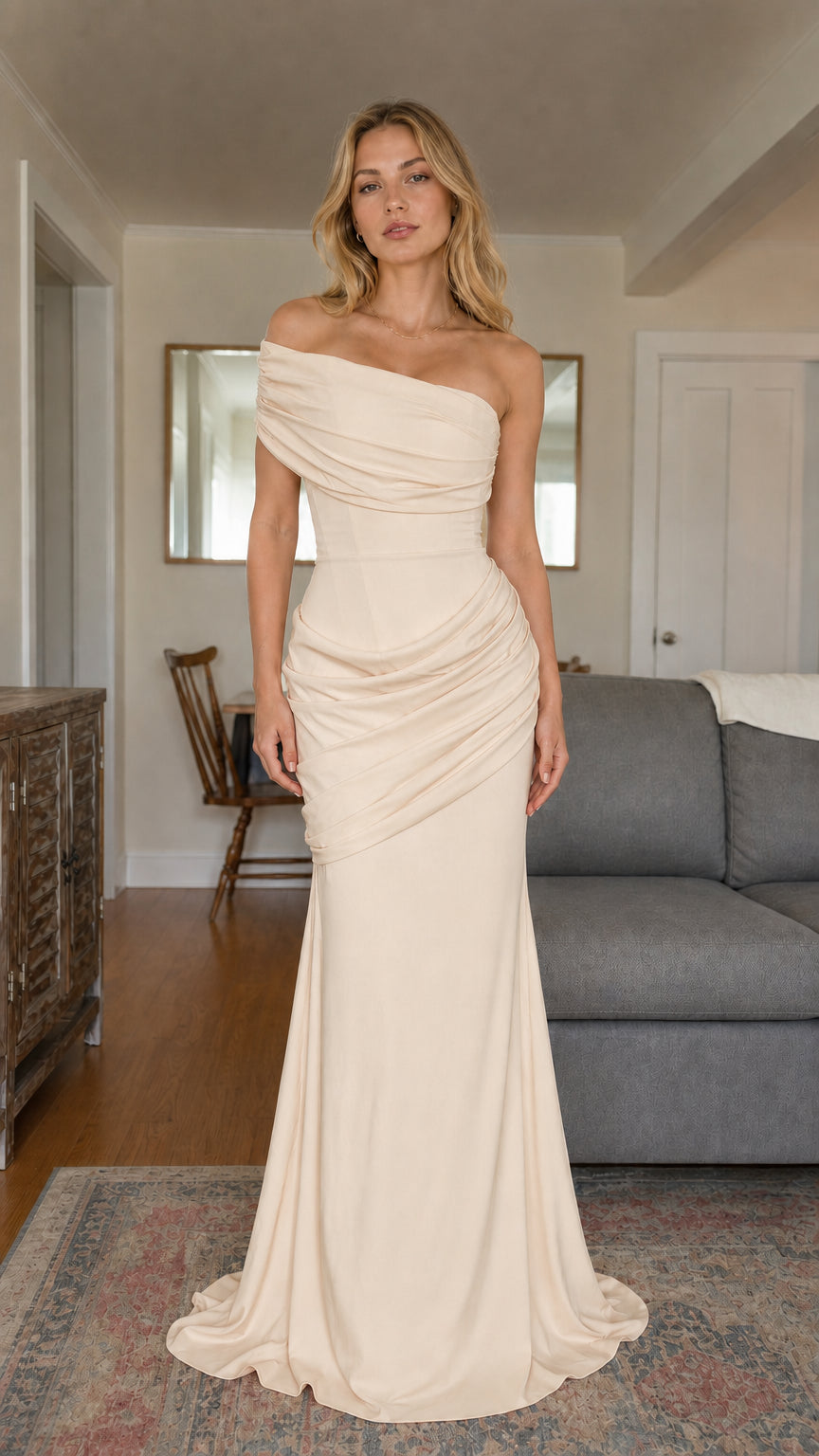 Champagne cream draped asymmetrical one-shoulder mermaid evening dress