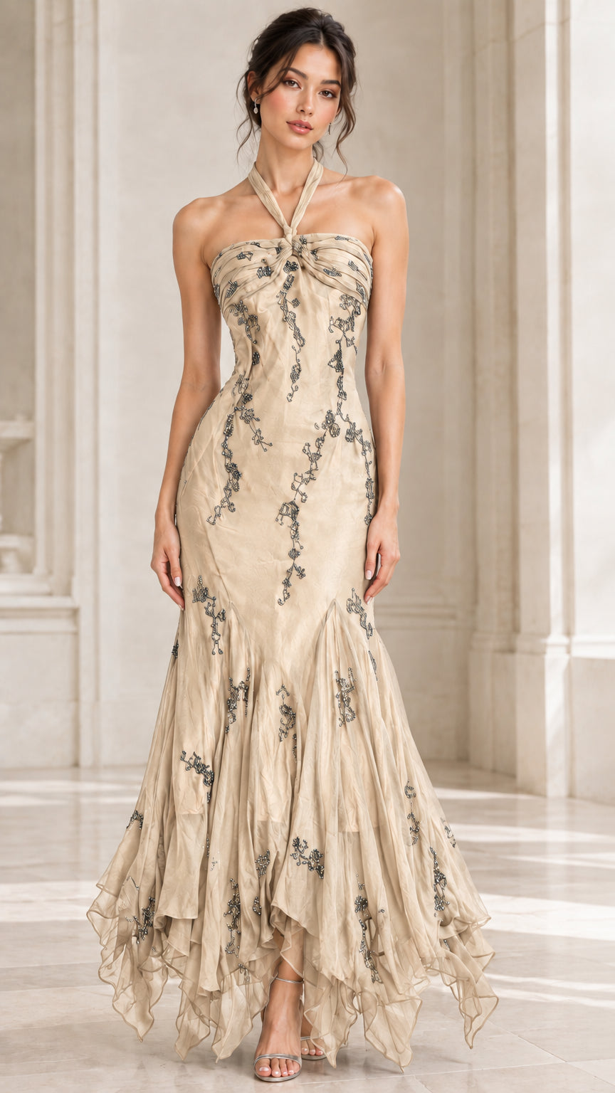Front view of woman wearing champagne gold halter embroidered mermaid evening dress