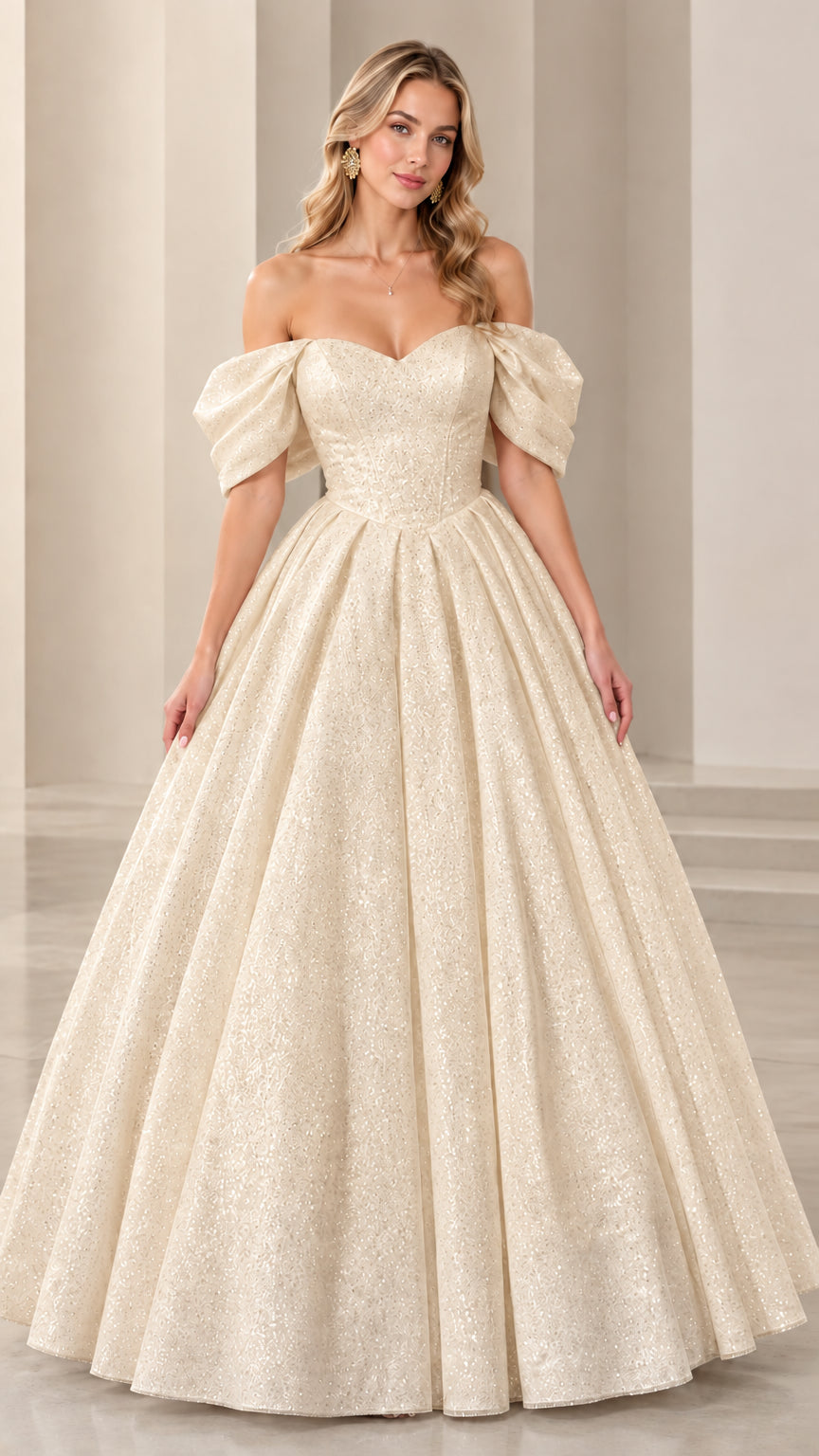 Model wearing champagne gold off-the-shoulder corset ball gown dress
