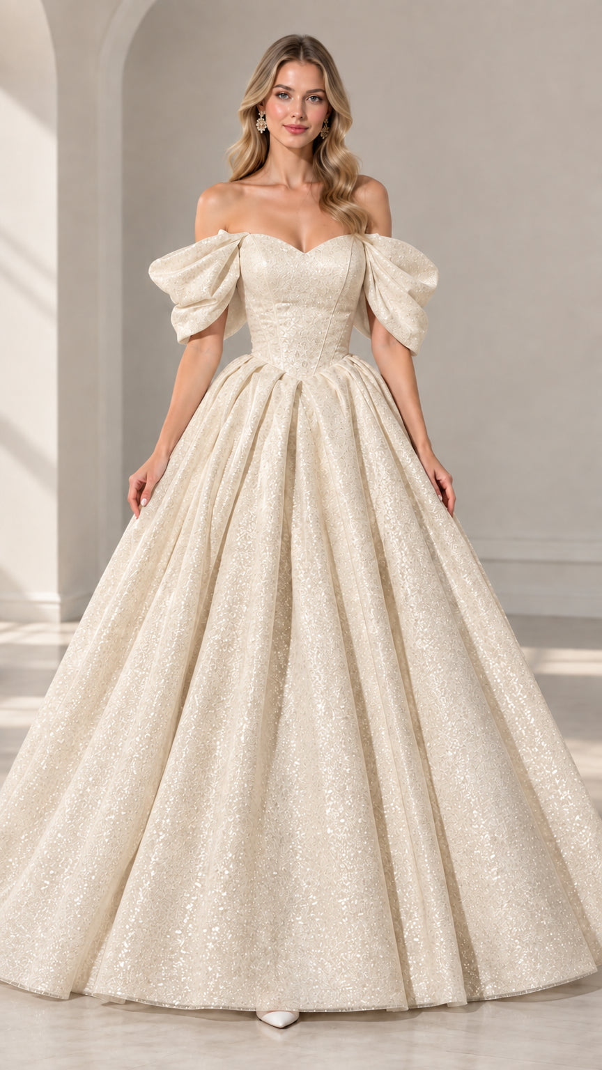 Full-length view of model in champagne gold off-shoulder glitter ball gown