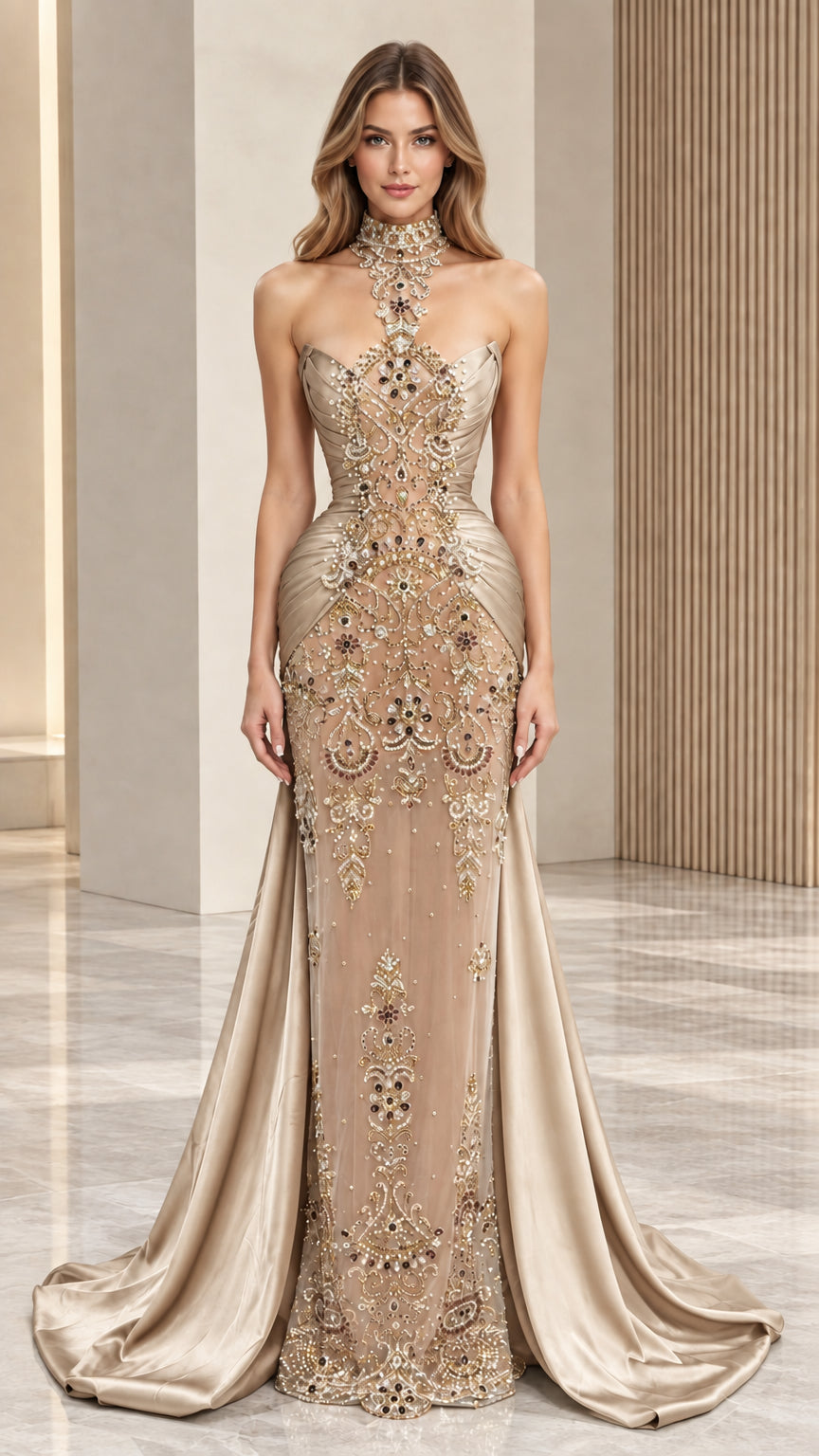 Champagne gold jewel-embroidered mermaid gown with side-draped satin train