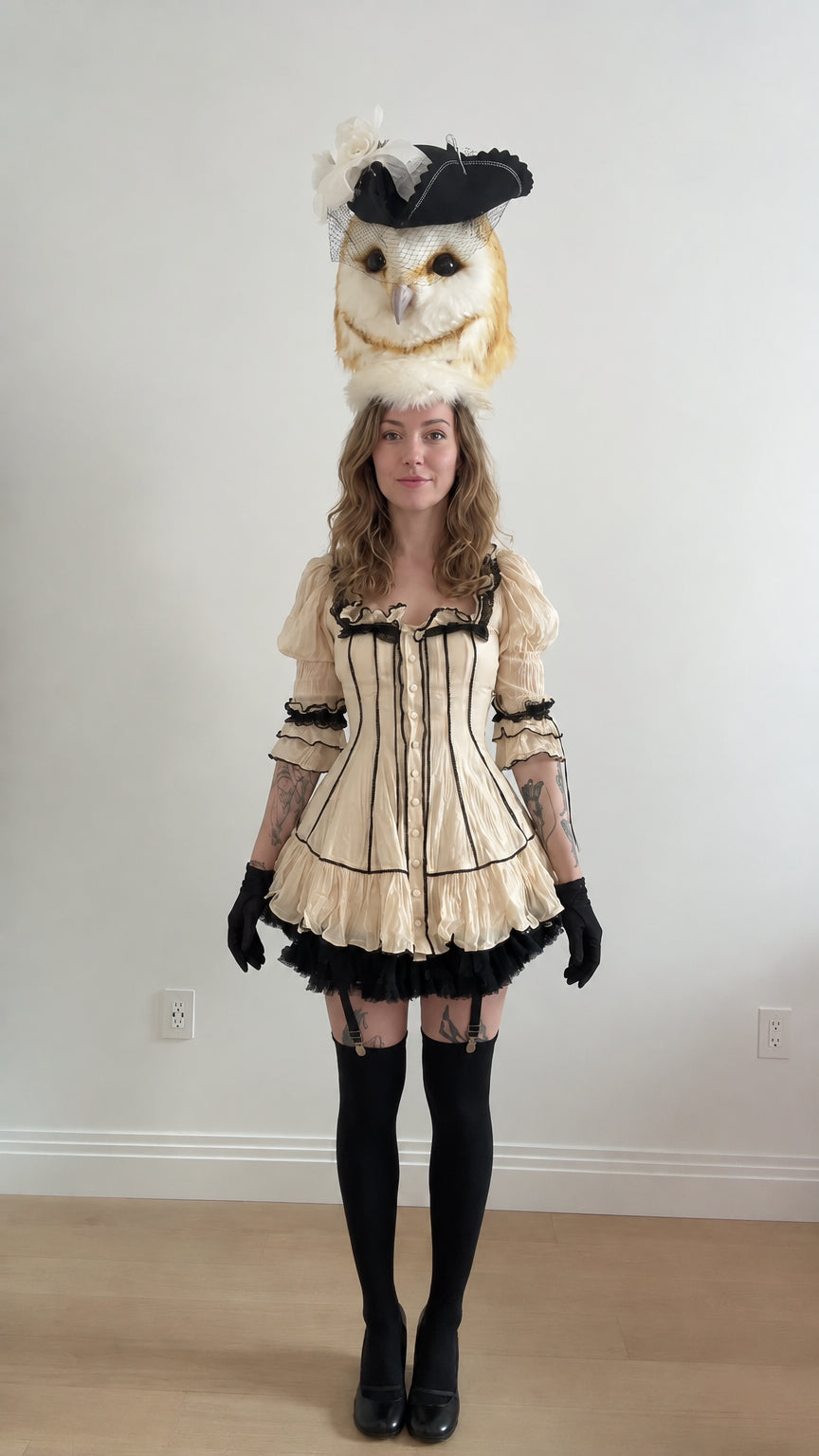 Cream gothic lolita mini dress with black contrast piping and tiered skirt