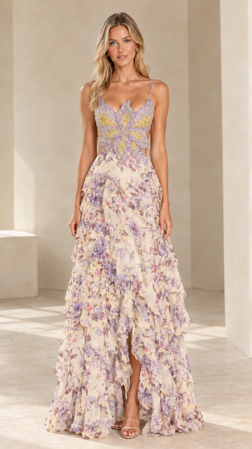 Front view of model wearing cream floral beaded butterfly bodice tiered maxi evening dress