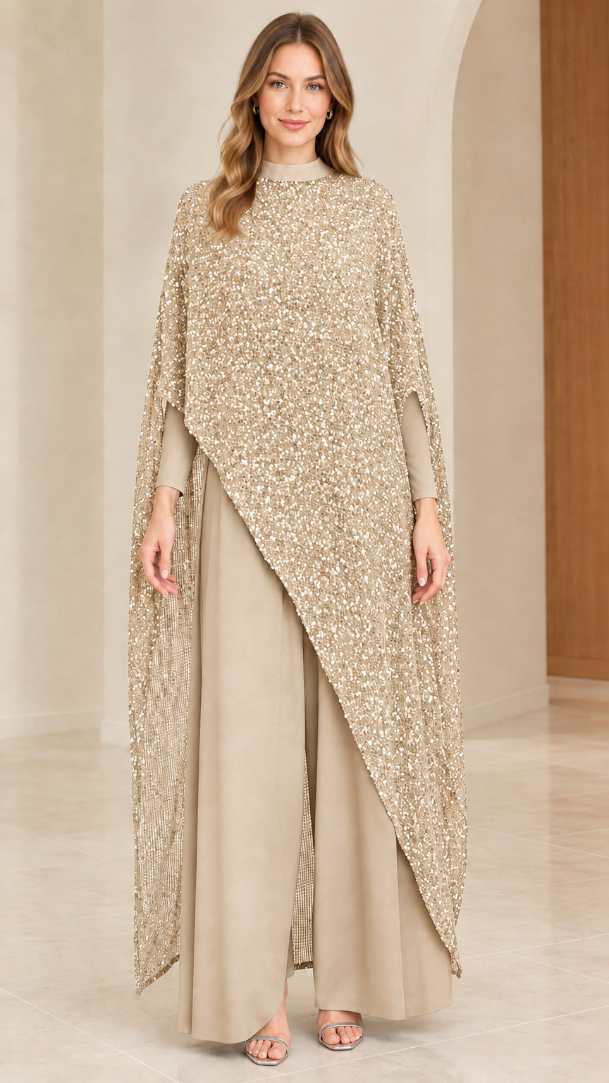 Front view of champagne gold shimmering asymmetrical cape set with wide-leg pants