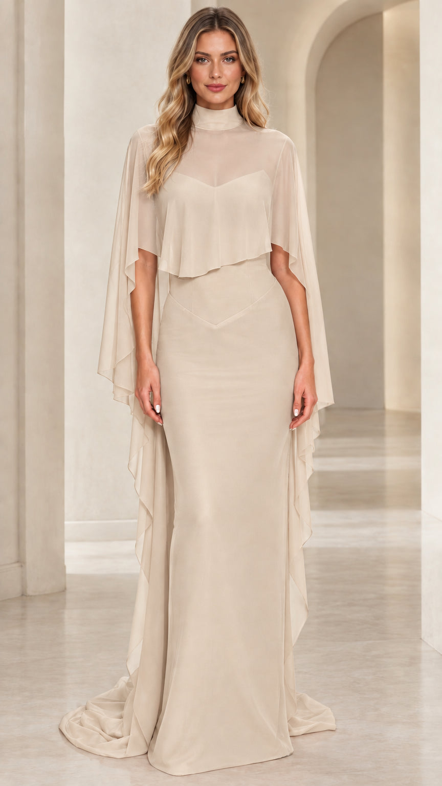 Champagne beige cape overlay floor length formal gown