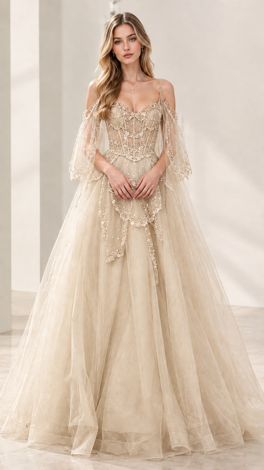 Champagne gold embroidered formal tulle gown with flutter sleeves