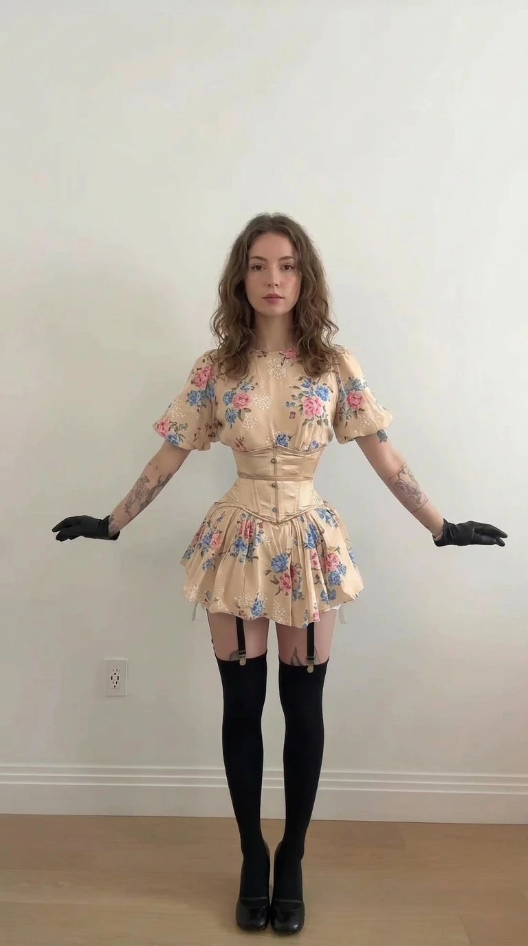 Front view of model wearing cream floral puff sleeve mini dress with matching corset belt