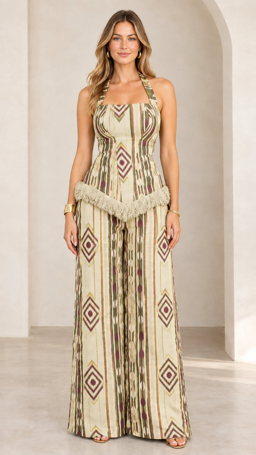 Beige and cream geometric print halter top and wide leg pant set with light fringe trim