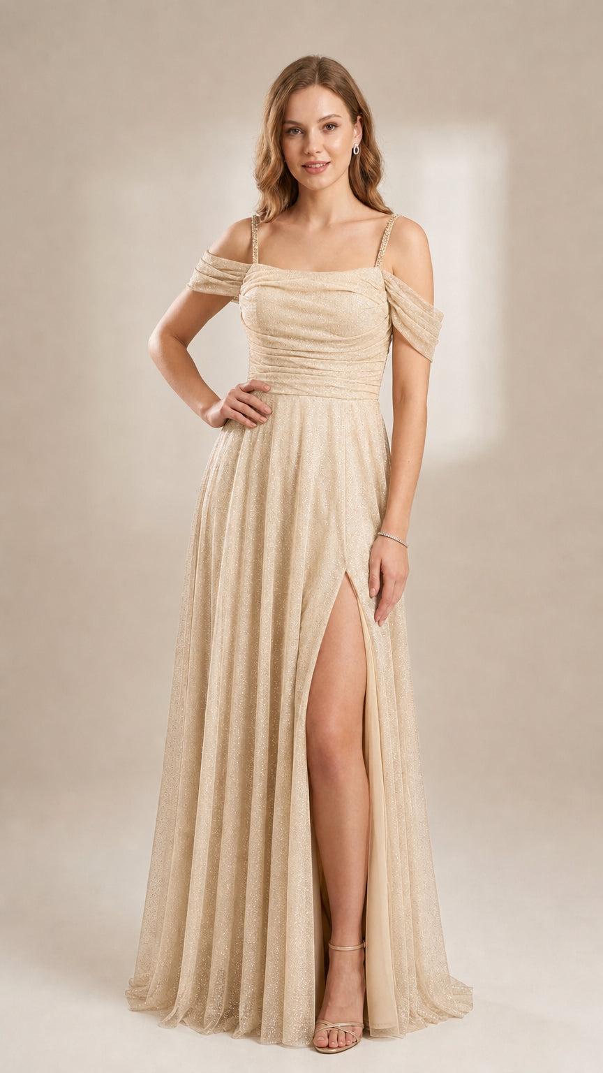 Model in a champagne gold shimmer formal dress with ruched bodice and beaded straps
