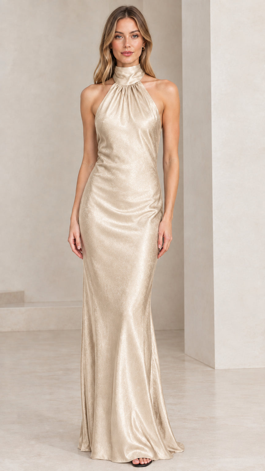 Front full-length view of champagne halter neck backless satin maxi dress