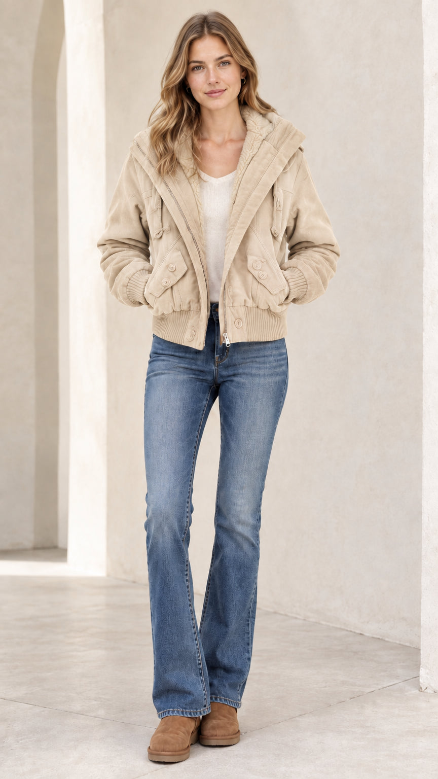 Front view of woman wearing a beige fleece-lined hooded bomber jacket