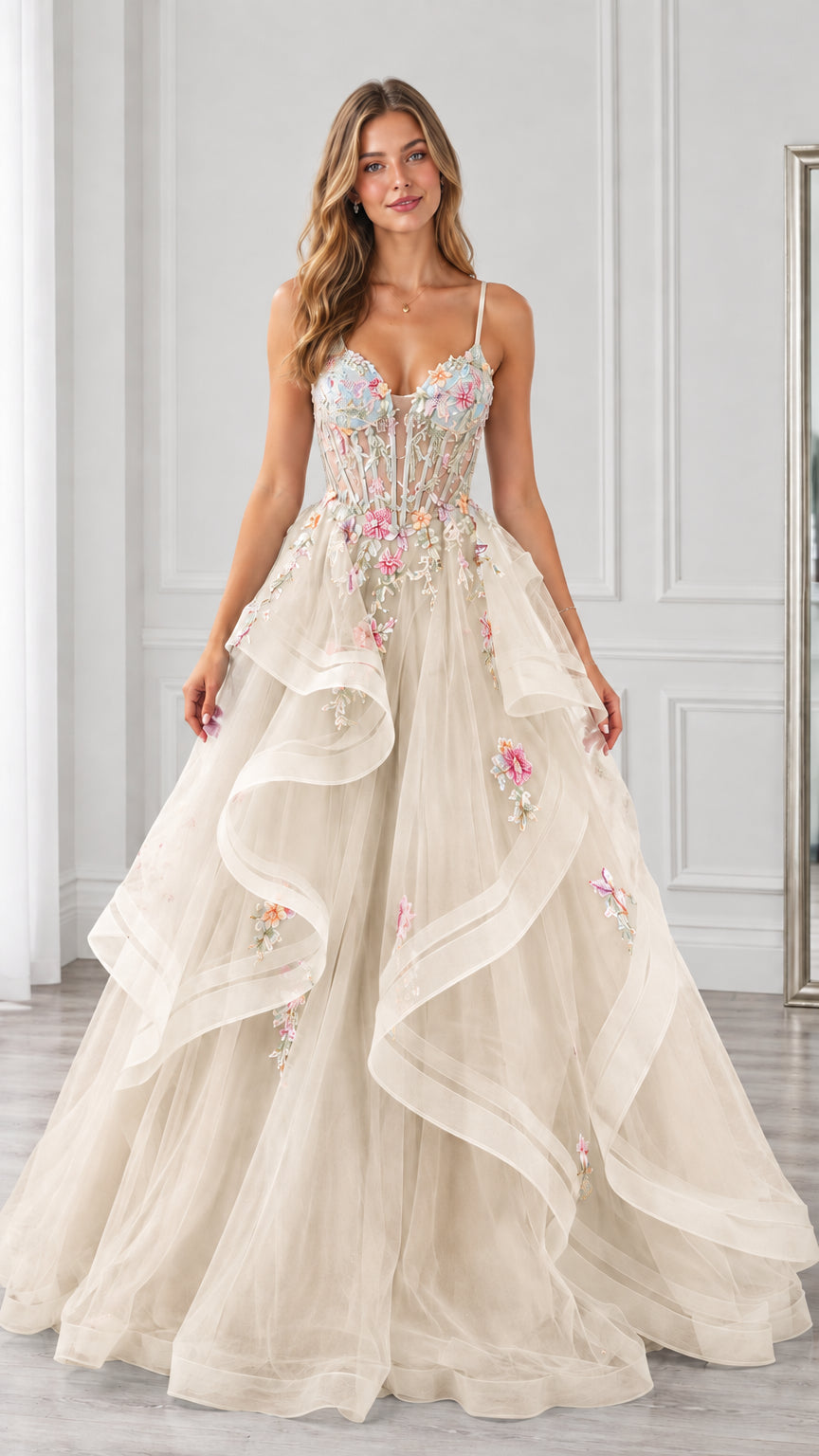 Champagne ivory floral embroidered corset ball gown with tiered tulle skirt
