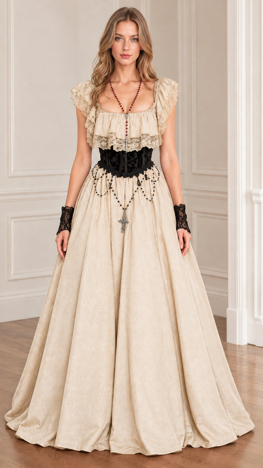 Woman wearing beige cream Victorian lace ruffle maxi ball gown dress