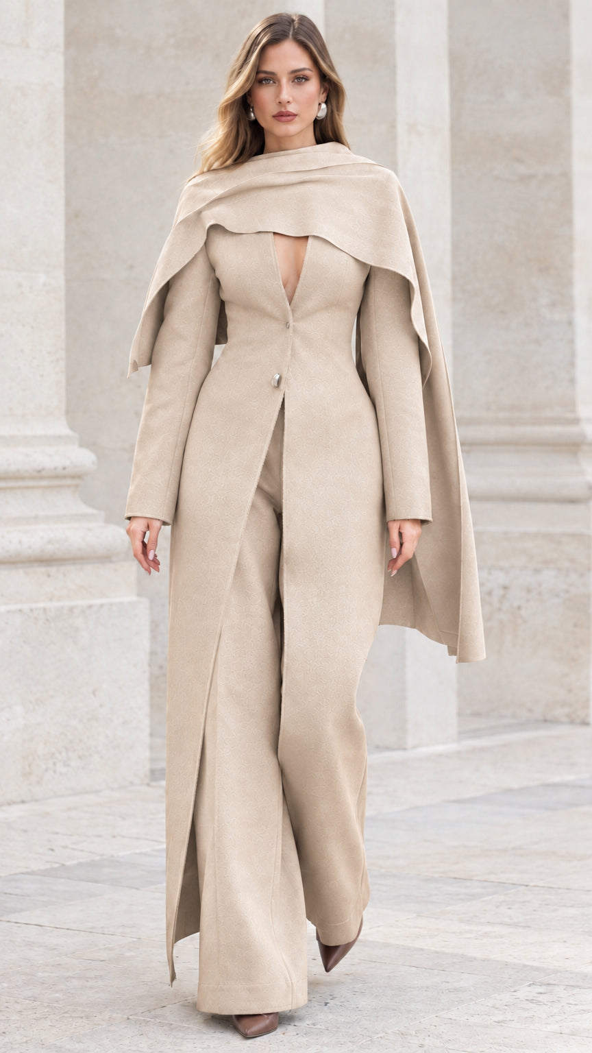 Full-body view of model wearing the beige champagne capelet maxi pant suit set
