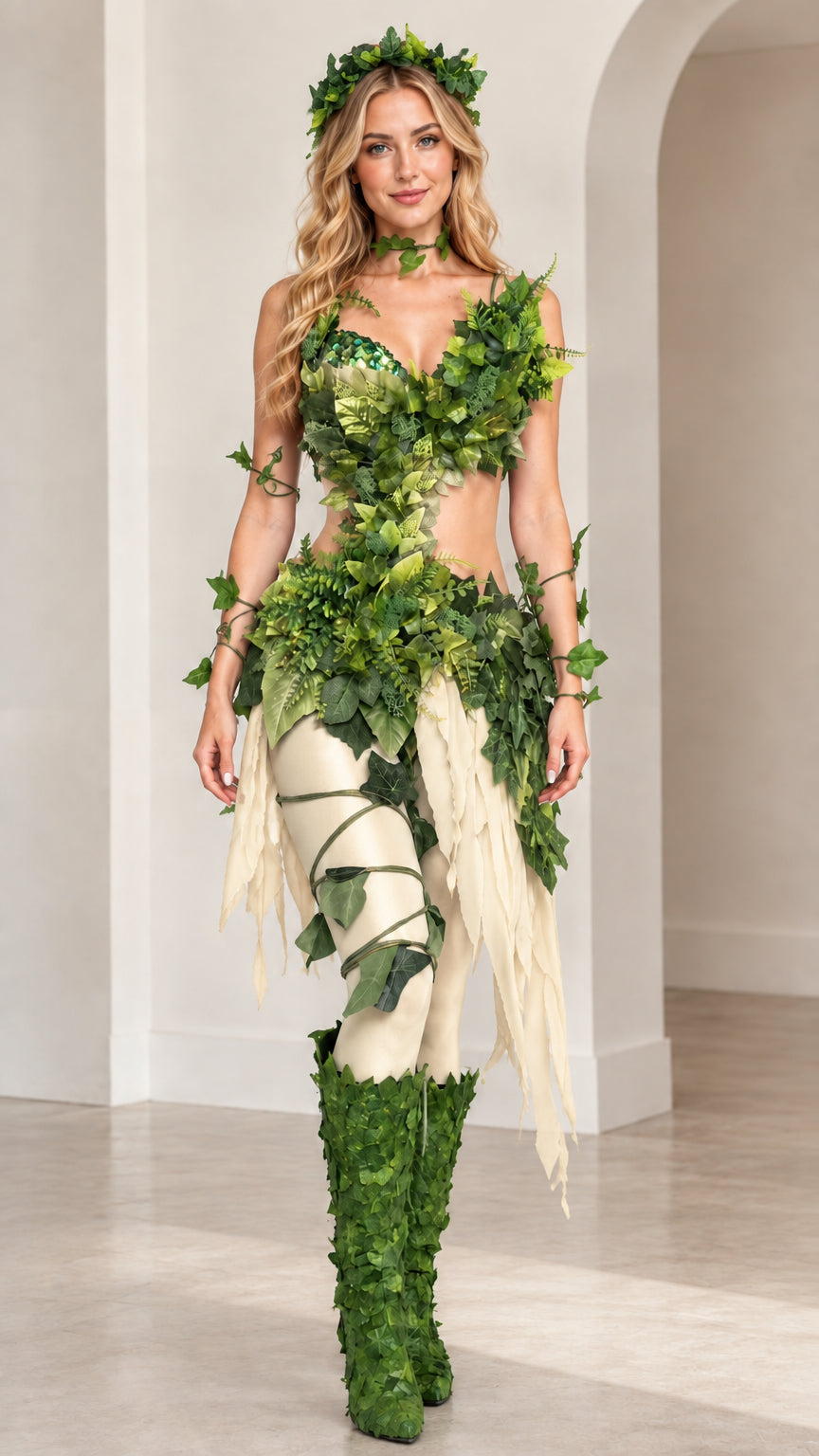 Model wearing the beige cream base variant of the ivy fairy costume set